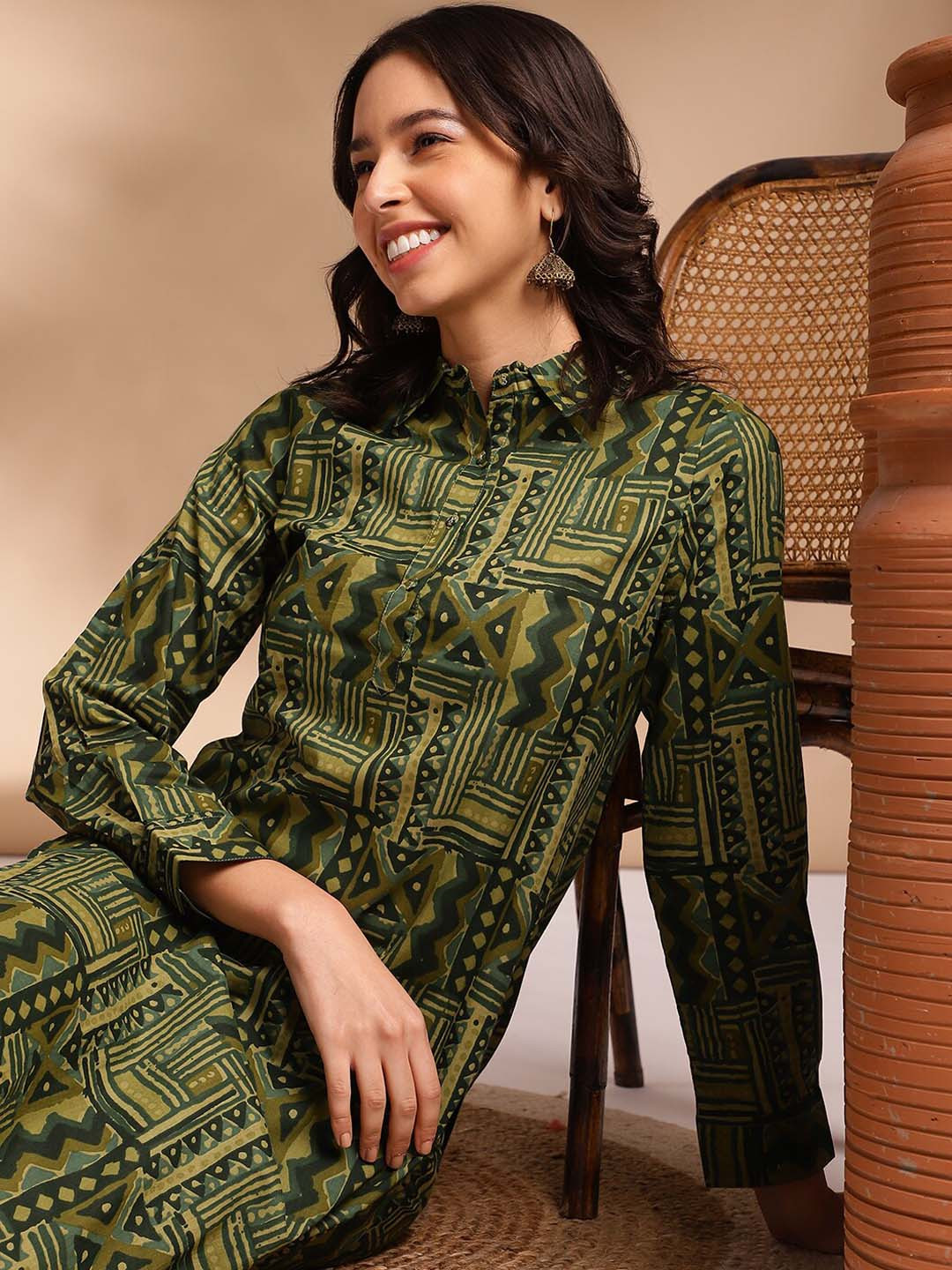 Black Ethnic Printed Cotton Fabric Shirt Kurta With Trouser