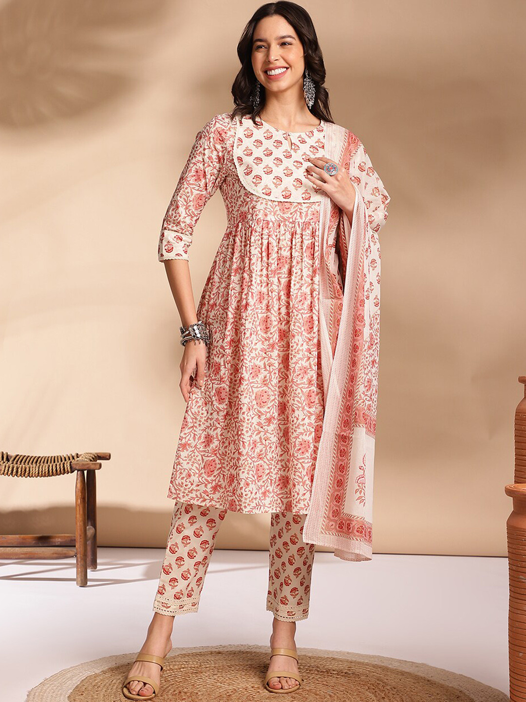 Red & Gold Toned Ethnic Motifs Embroidered Anarkali Kurta & Trousers With Dupatta