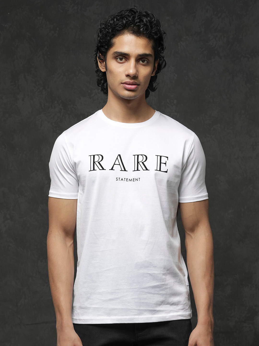 Rare Rabbit Mens Aorta-1 White Cotton Lycra Fabric Short Sleeve Skinny Fit Graphic Print T-Shirt