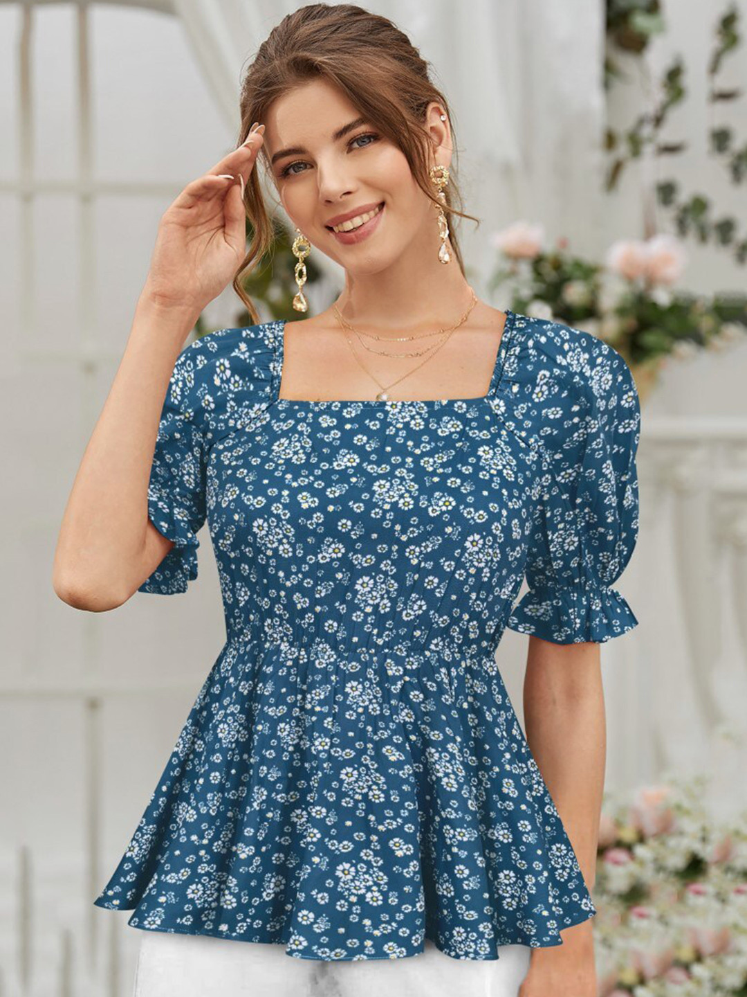 Ahlanza Printed Puff Sleeve Peplum Top Ivory