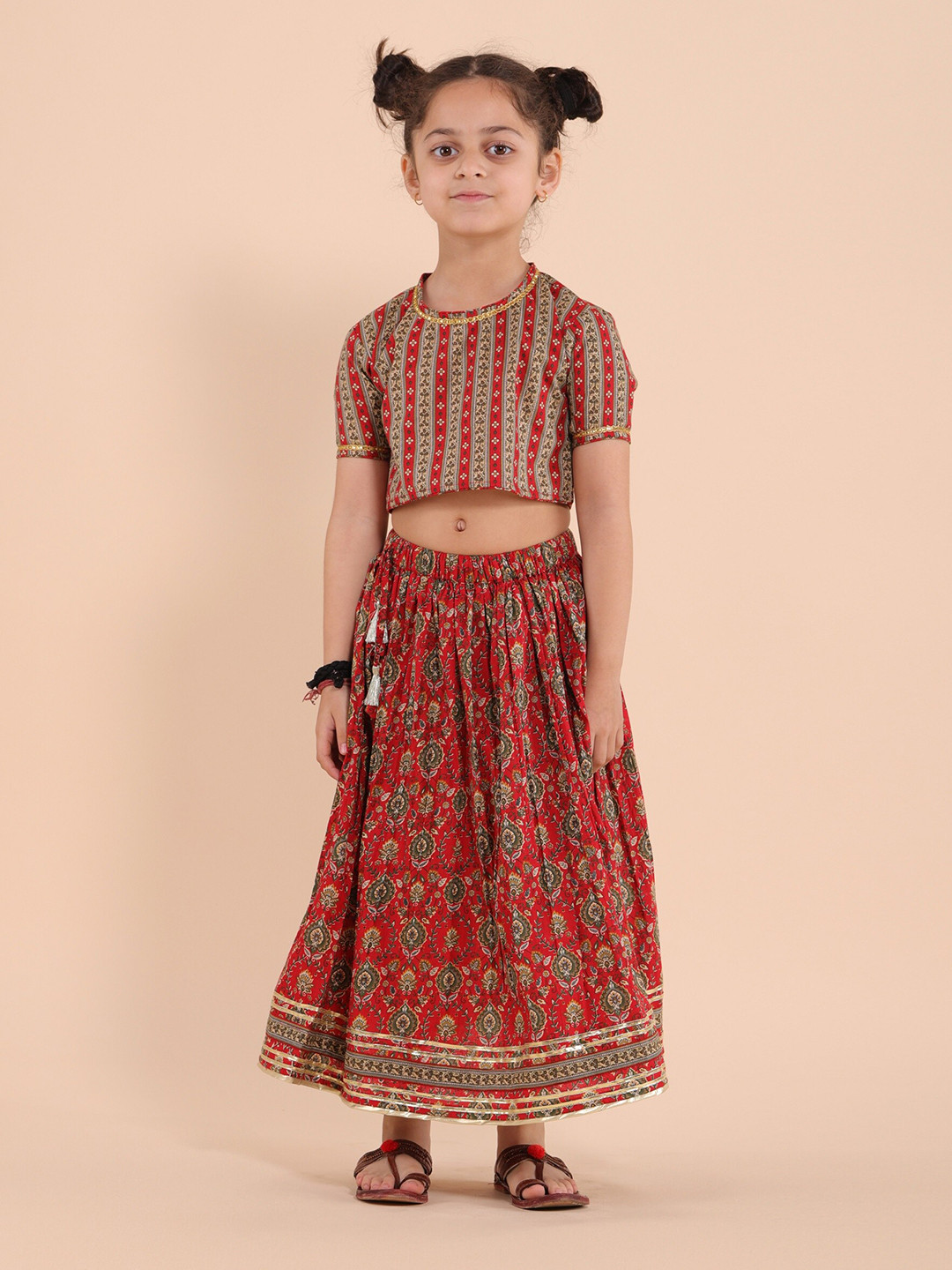 Girls Red Flower Digital Print Ready To Wear Lehenga Choli