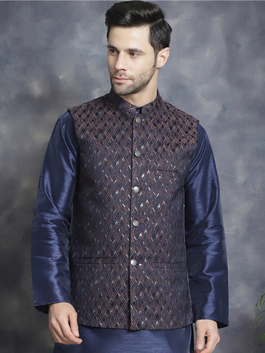 Brown - Plain Cotton Mandarin Collar Nehru Jacket for Men 10