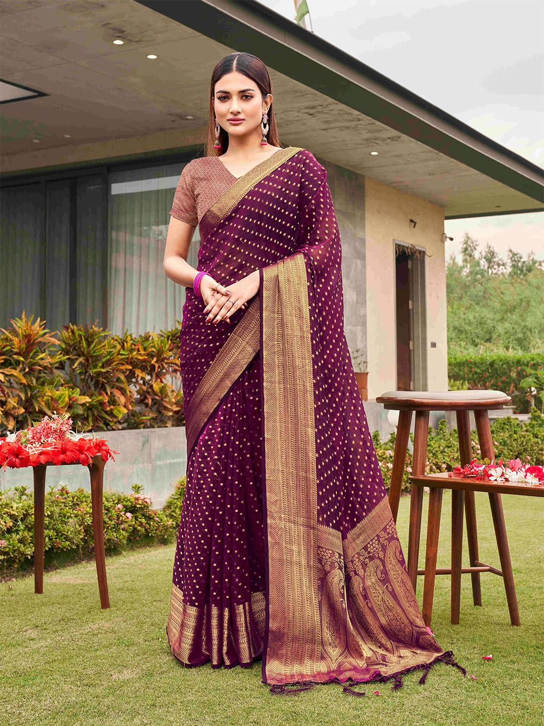Pink Semi-Tussar Saree Embellished with Zari Horizontal Stripes and Thread Floral Designs, Featuring a Subtly Woven Temple Zari Border, a Striped Pallu, and a Matching Blouse