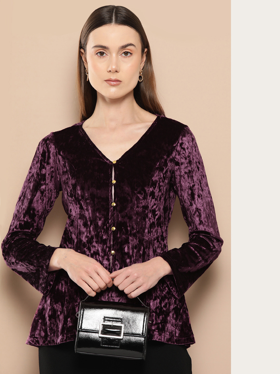 BiBi Ruffled Cap Crush Velvet Peplum Top