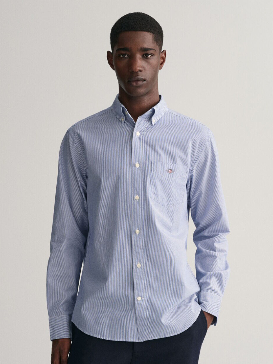 Gant Men Blue Striped Button Down Collar Full Sleeves Shirt