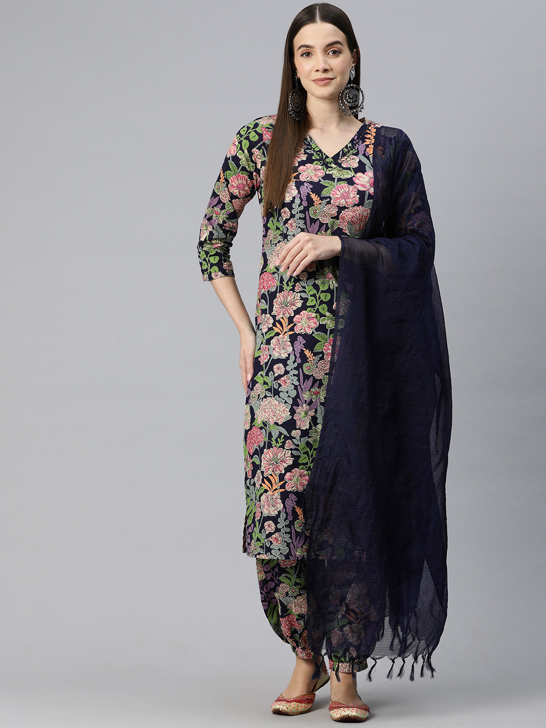 Floral Printed Regular Thread Work Pure Cotton Kurta With Trousers & Dupatta main image 1
