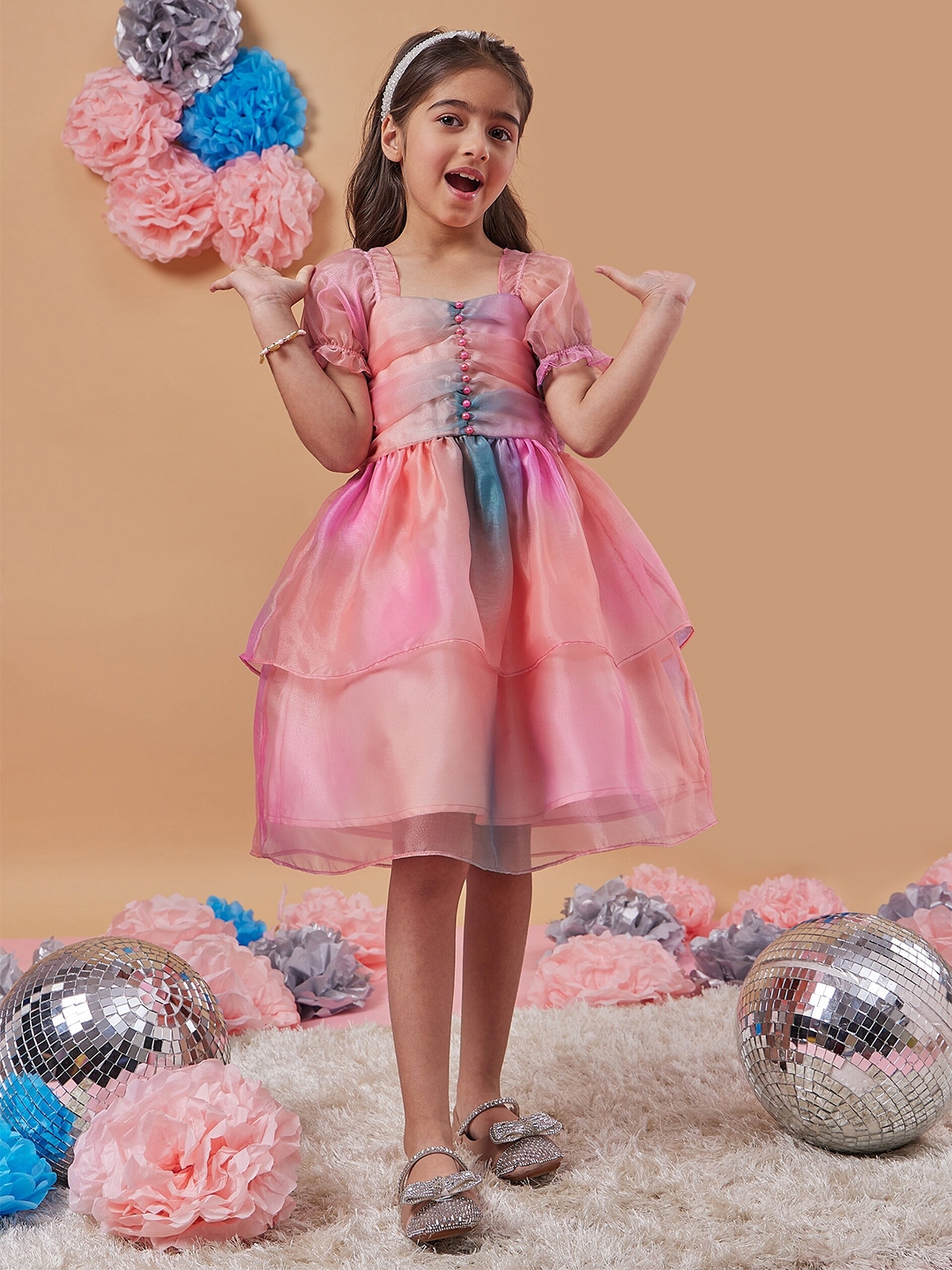 Buy Pspeaches Girls Square Neck Short Puff Sleeves Fit & Flare Dress ...