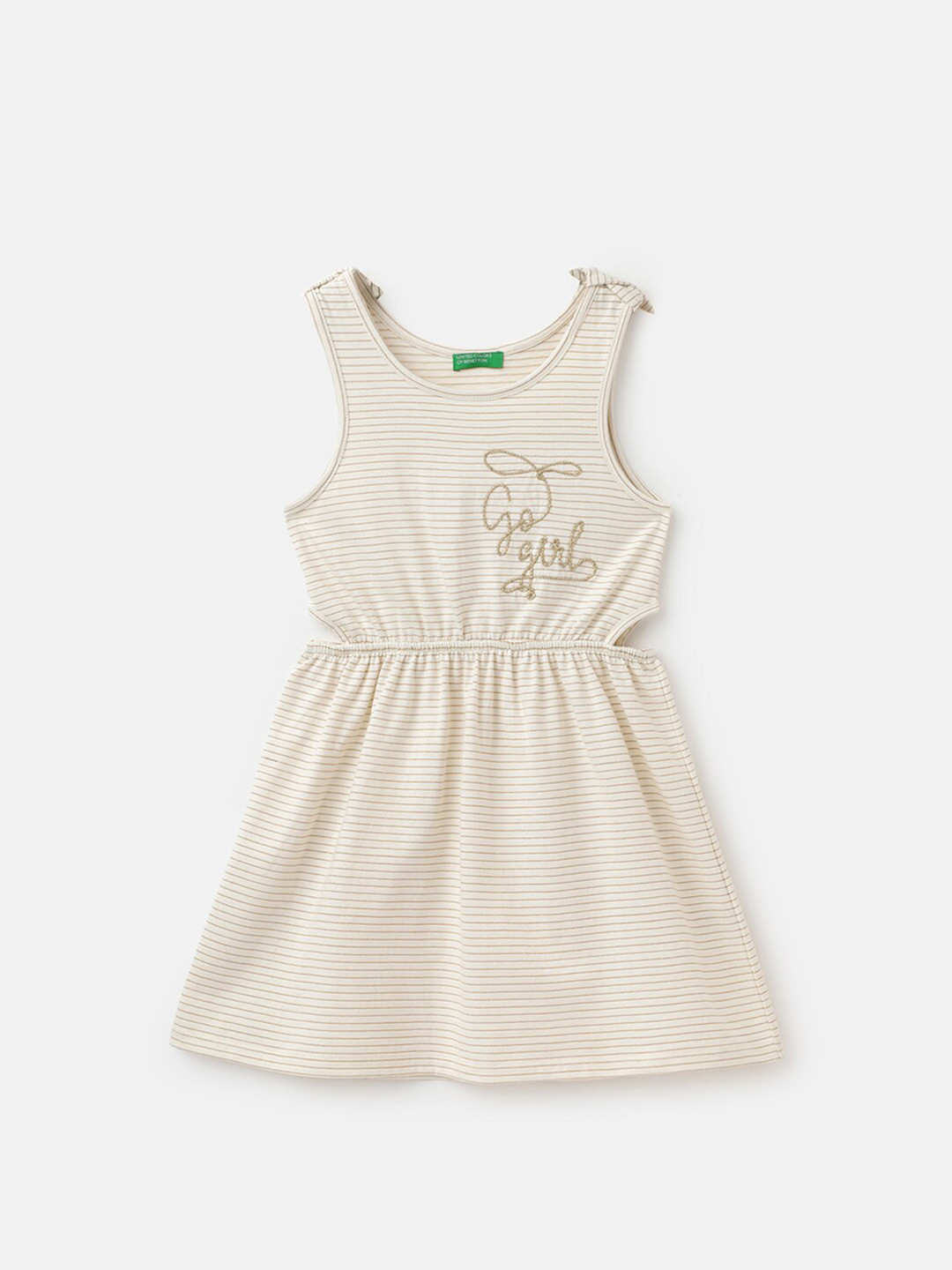 Vestitino Bambina United Colors Of Benetton - Righe, Ricamo Logo, Cotone Ed Elastan
