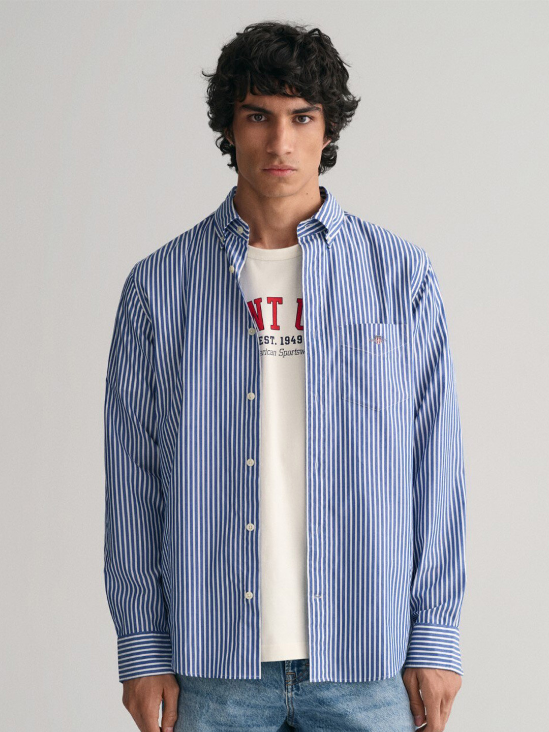 Gant Blue Cotton Striped Men Shirt