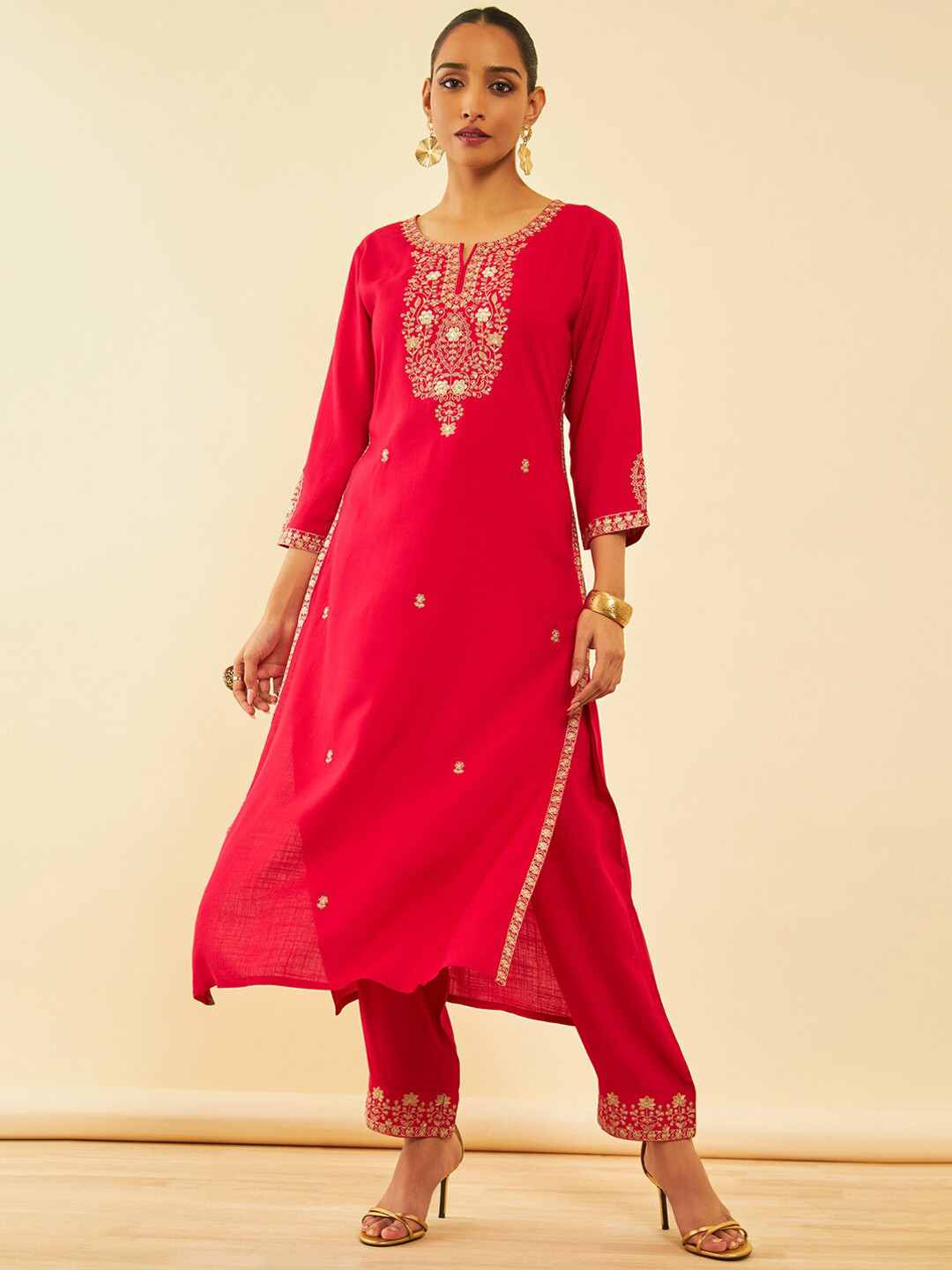 Women's Red Ethnic Motifs Printed Mirror Work Kurta Set With Dupatta