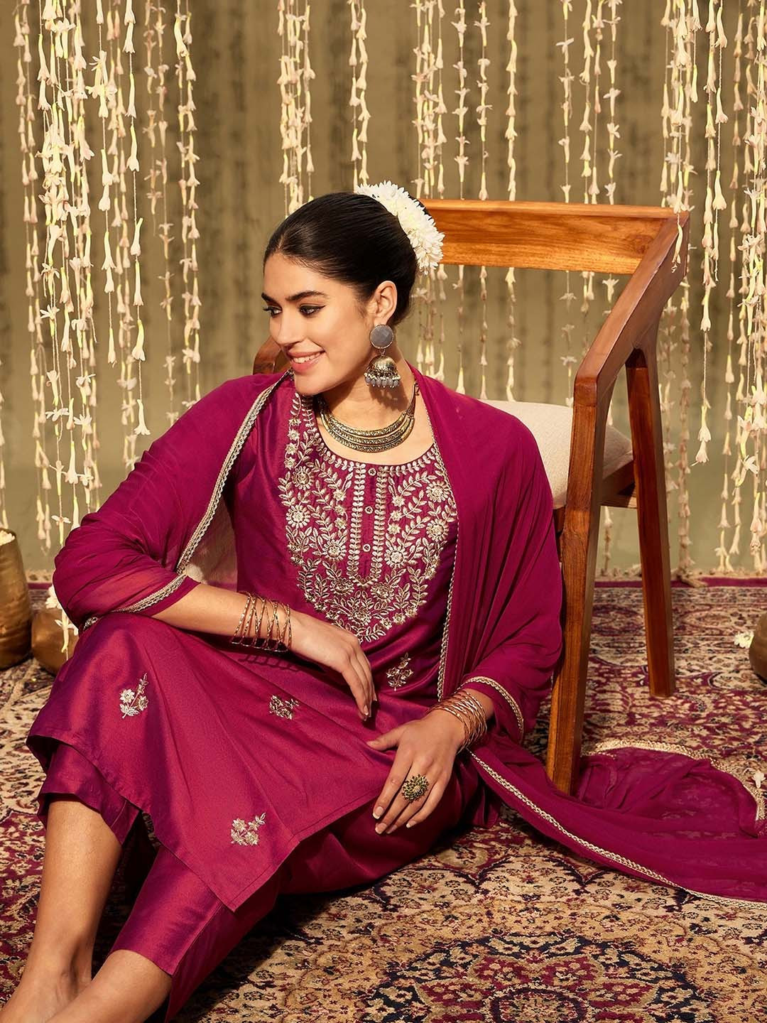 Indo Era Black Embroidered Straight Kurta Sharara With Dupatta
