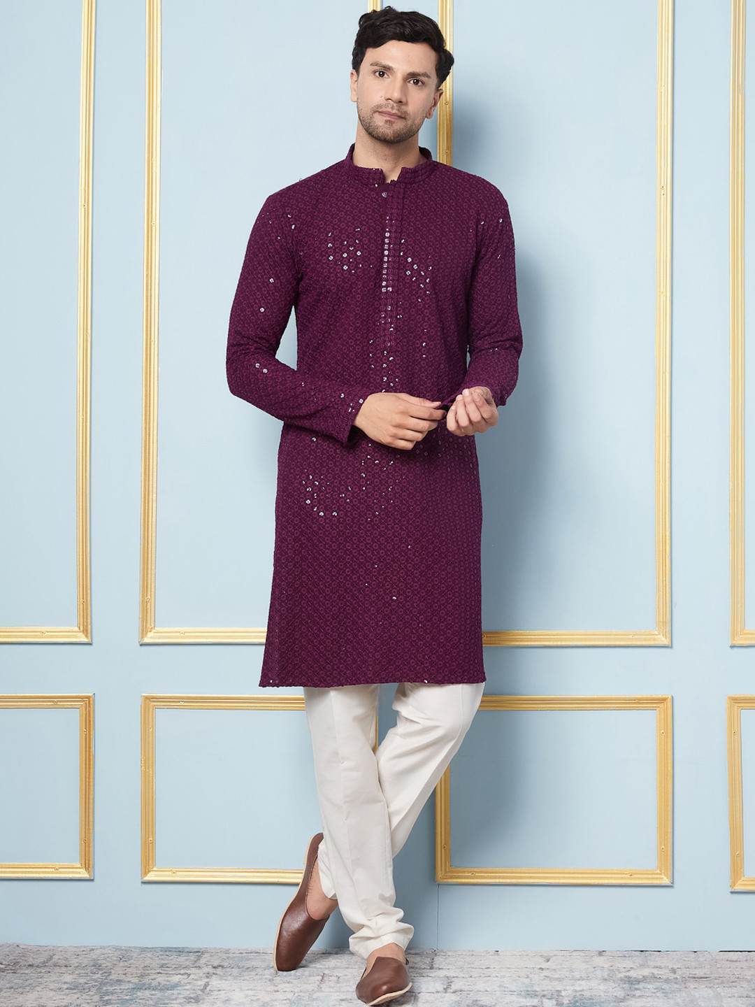 Men’s Yellow Geometric Sequinned Kurta – Viscose Rayon, Mandarin Collar
