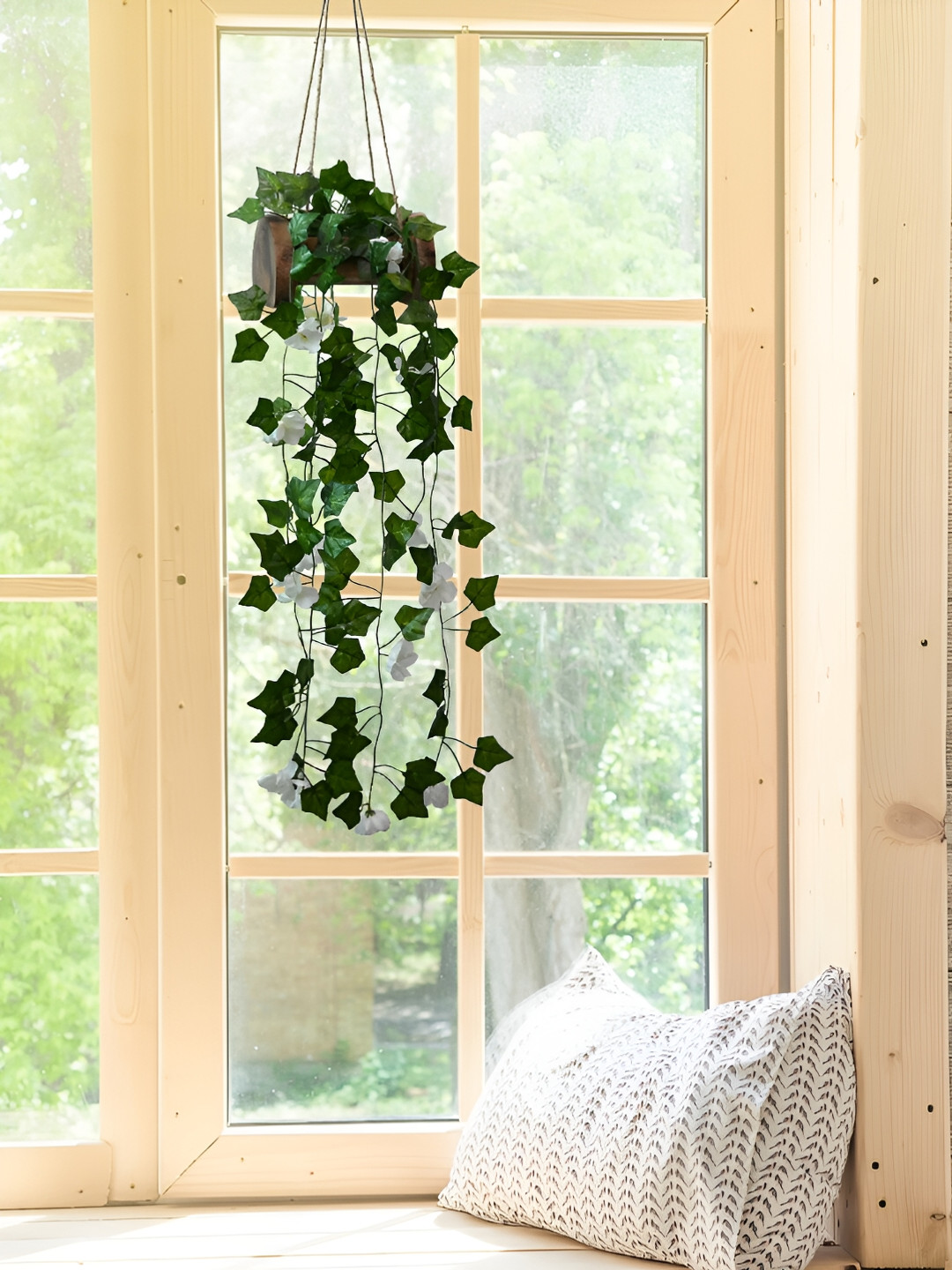 Buy DECOREBUGS White & Green Hanging Artificial Plant With Wooden Pot