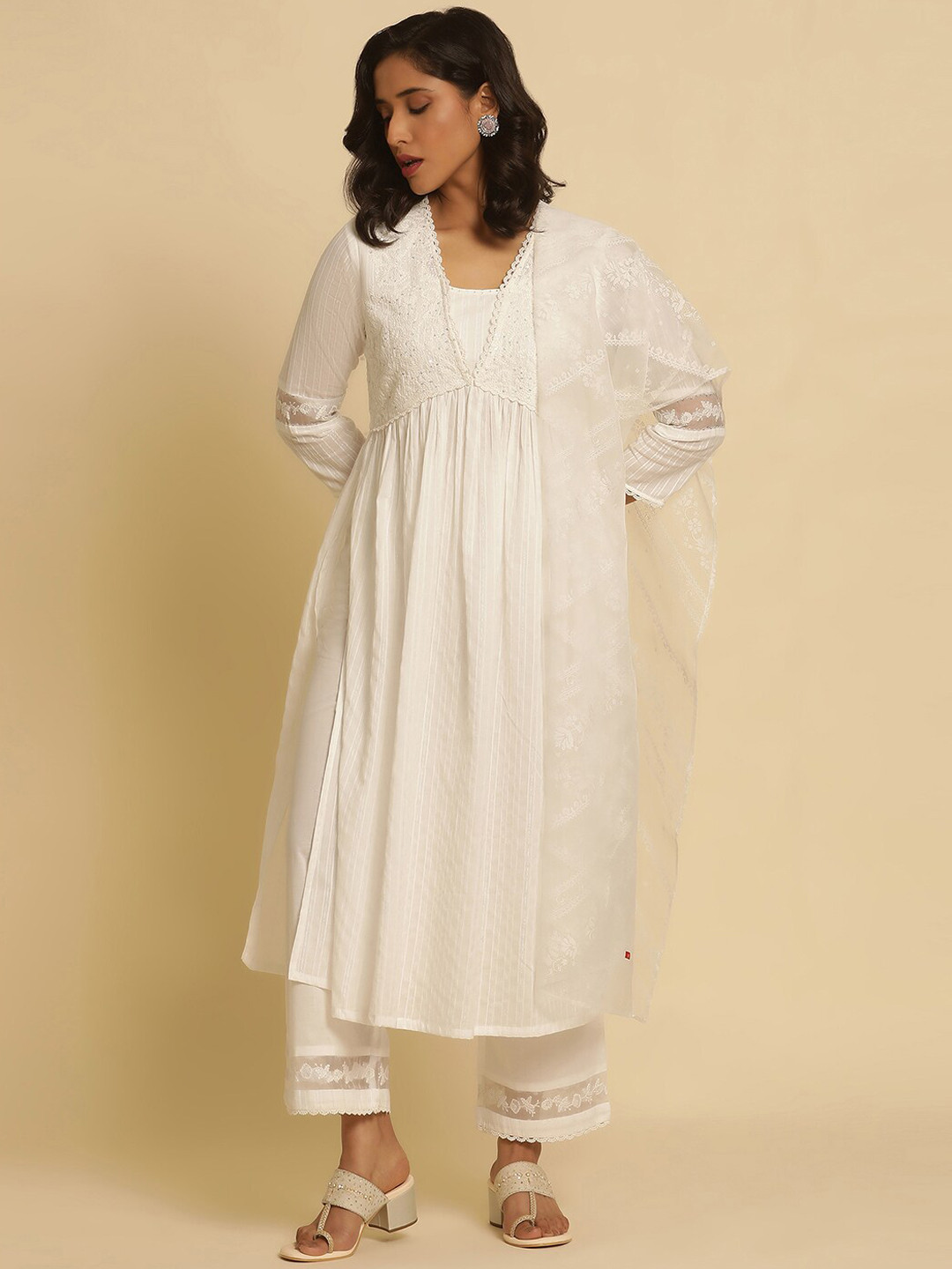 Women White Brush Paint, Anarkali shape, kurta, pant & Duptta