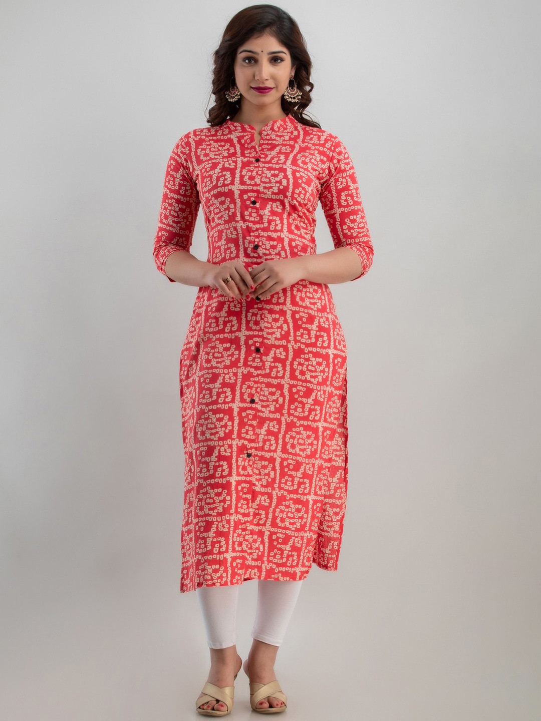Women Printed Grey Three-Quarter Sleeves Mandarin Collar Cotton Straight Kurta main image 1