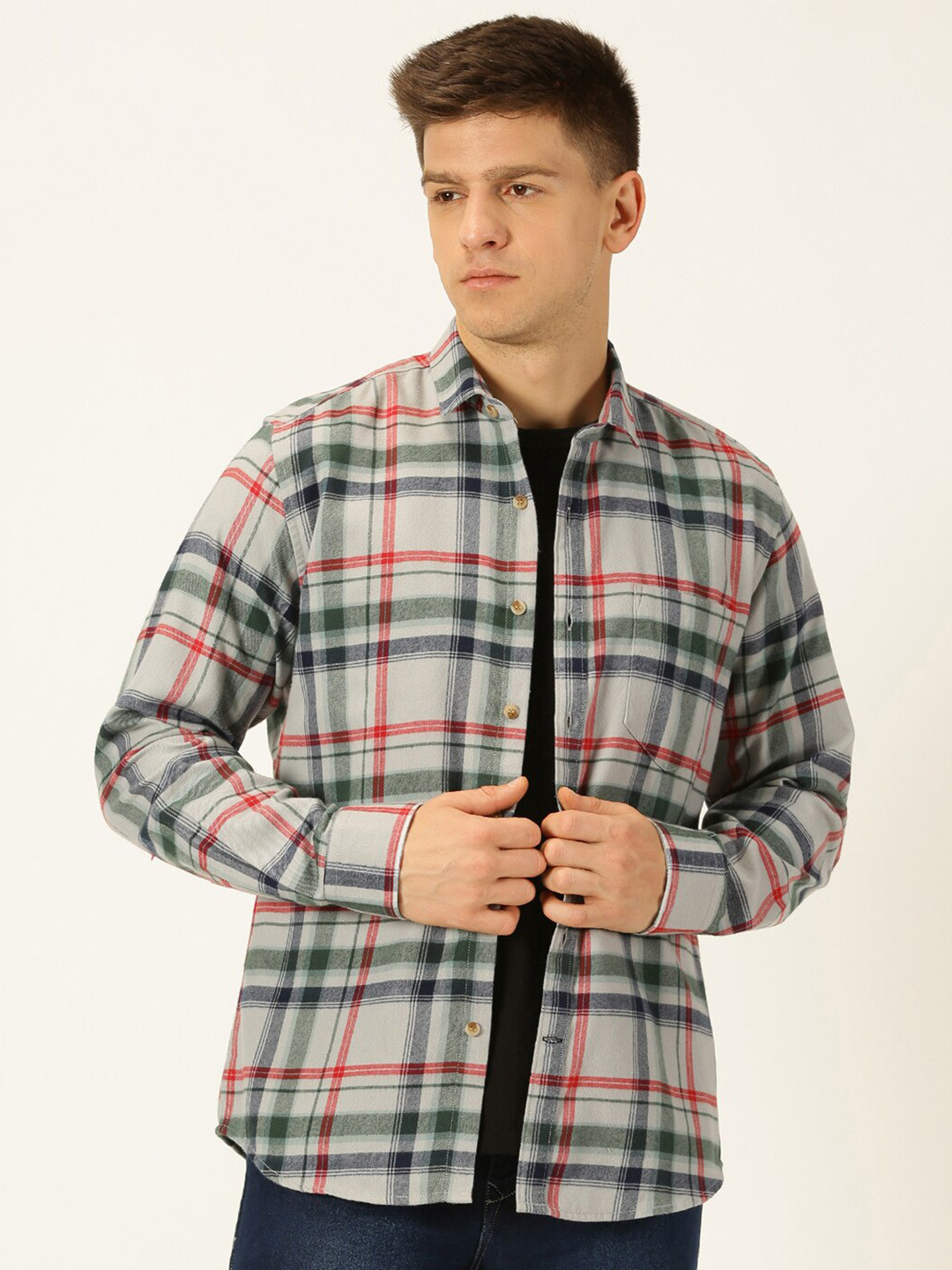 Men's White Tartan Checked Classic Casual Shirt