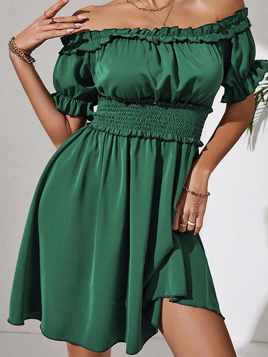 Women's Green Floral Printed Off-Shoulder Bell Sleeve Crepe Fit & Flare Dress