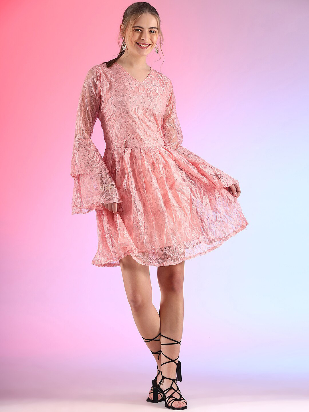 Buy WESTHOOD Floral Self Design Lace Inserts Bell Sleeves Fit & Flare ...