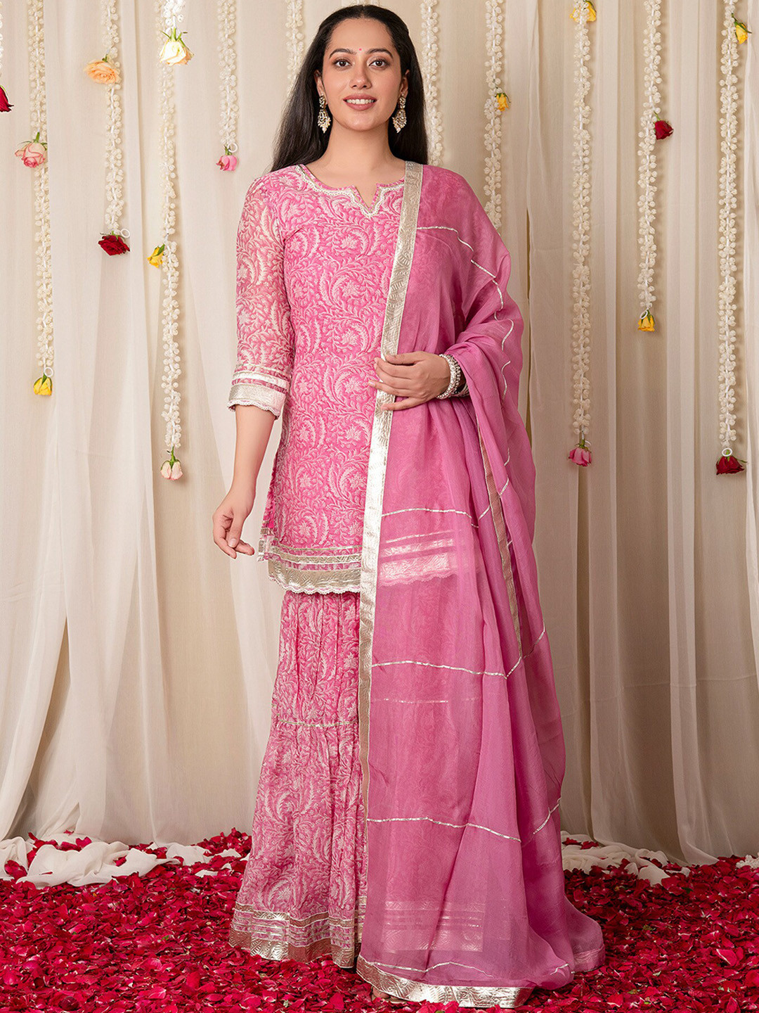 Magenta Thread & Gotta Patti Embroidery Kurta Sharara Set with Net Dupatta & Beads Tassels