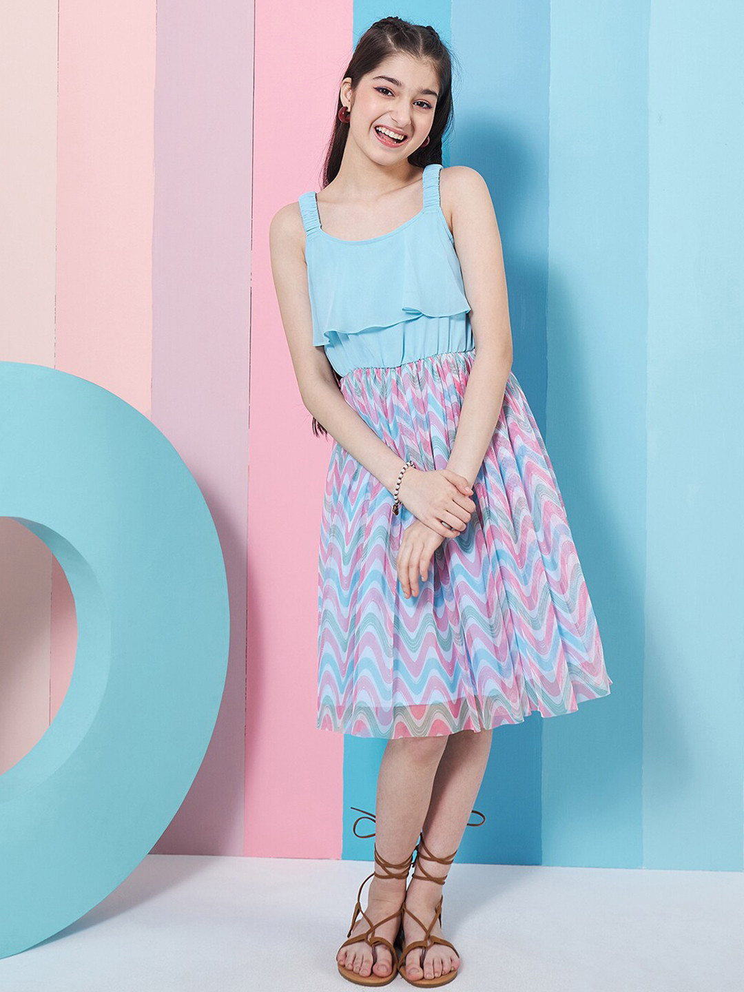 Girls Geometric Printed Georgette Fit Flare Dress