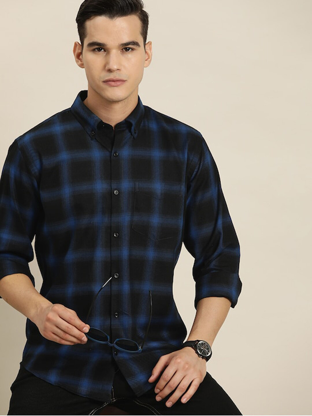 Men's Olive Slim Fit Tartan Checked Button-Down Collar Cotton Casual Shirt main image 0
