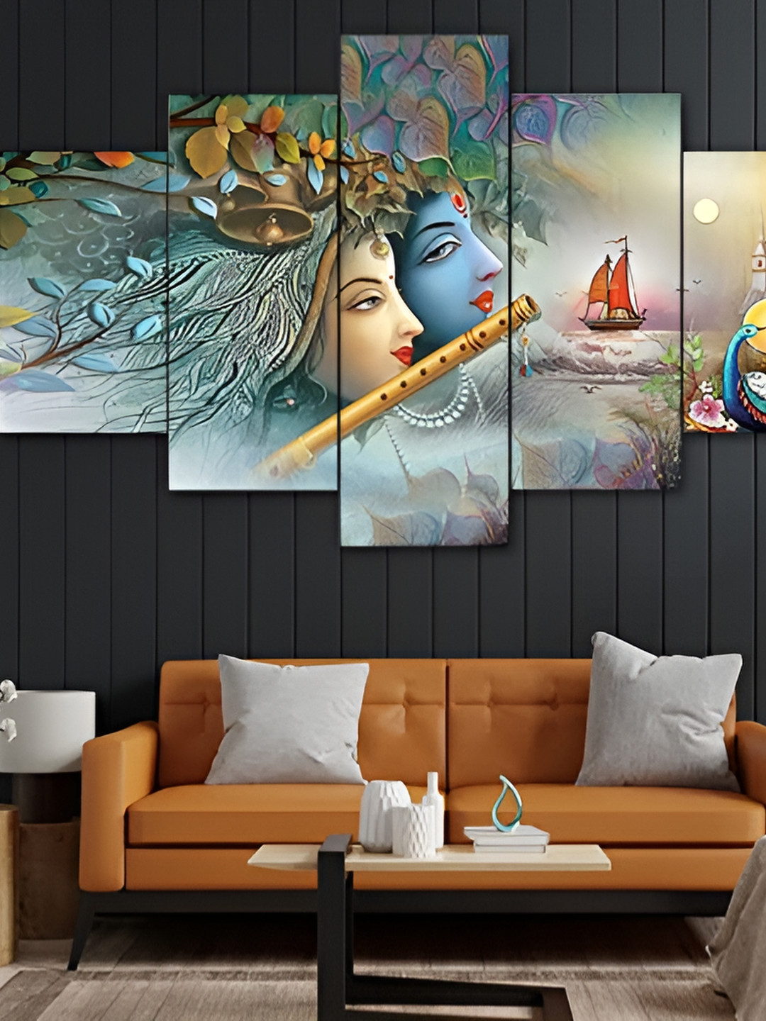 Buy Perpetual Blue & White 5 Pieces Wooden Radha Krishna Painting Wall