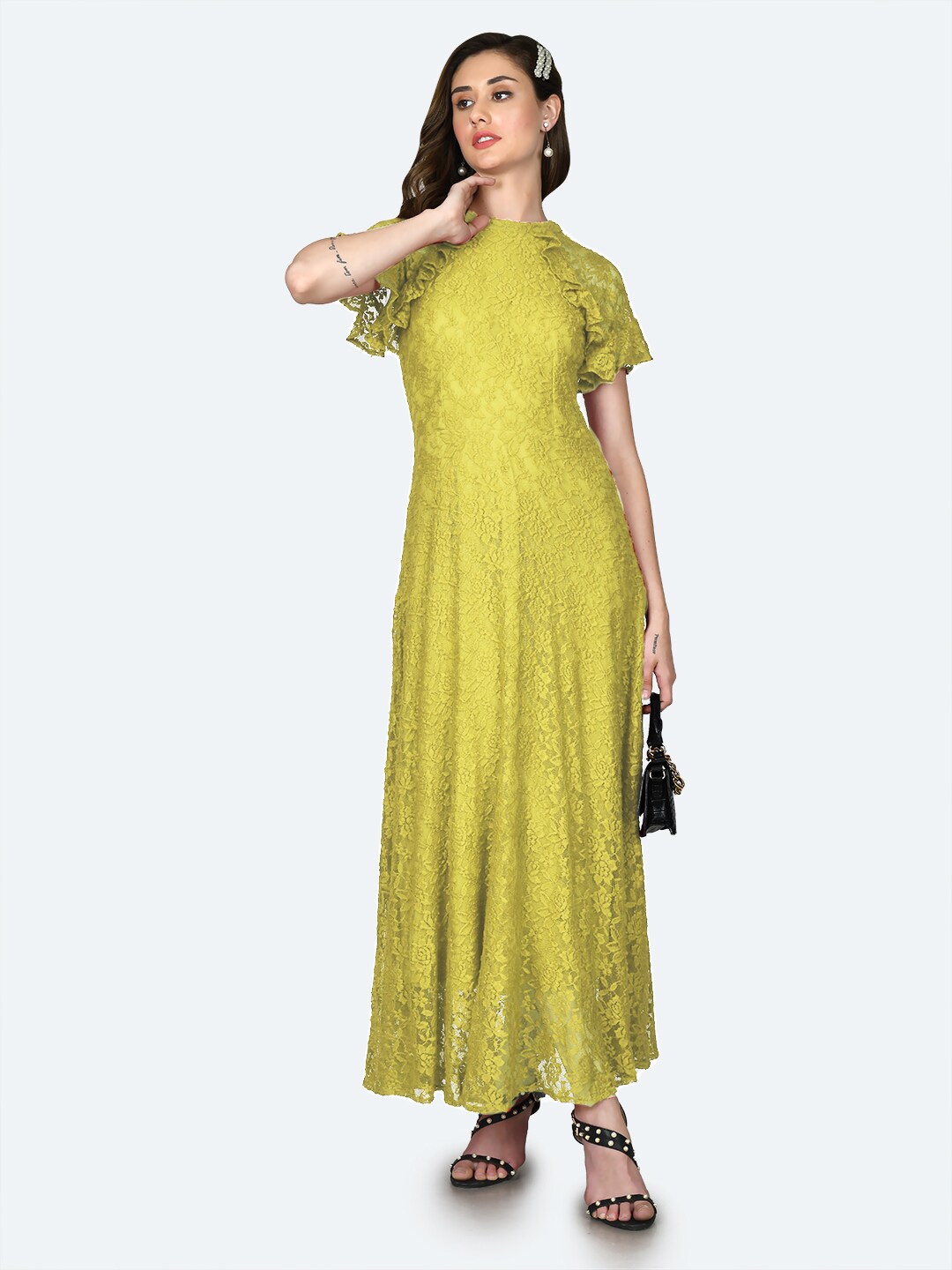 Buy Zink London Floral Self Design Flared Sleeves Lace Inserts Maxi ...