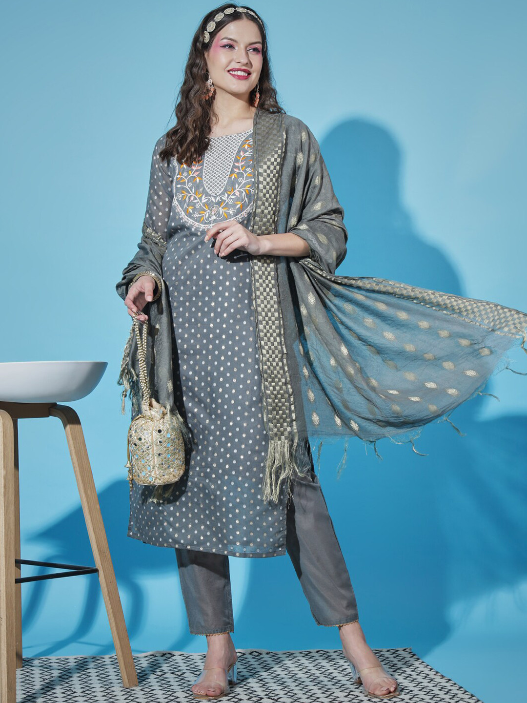 Women Floral embroidered v_neck chanderi Kurta with trouser And Dupatta