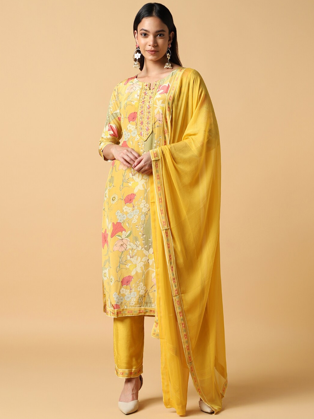 Buy House Of Dharaa Floral Printed Sequinned Kurta With Trousers & With ...