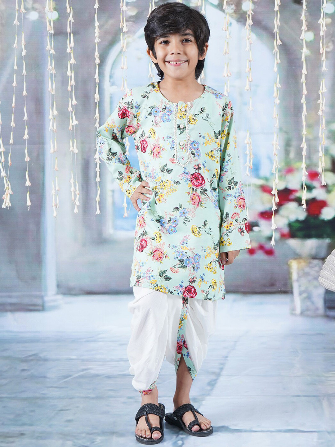 Boys Bandhani Printed V Neck Gotta Patti Kurta With Dhoti Pants