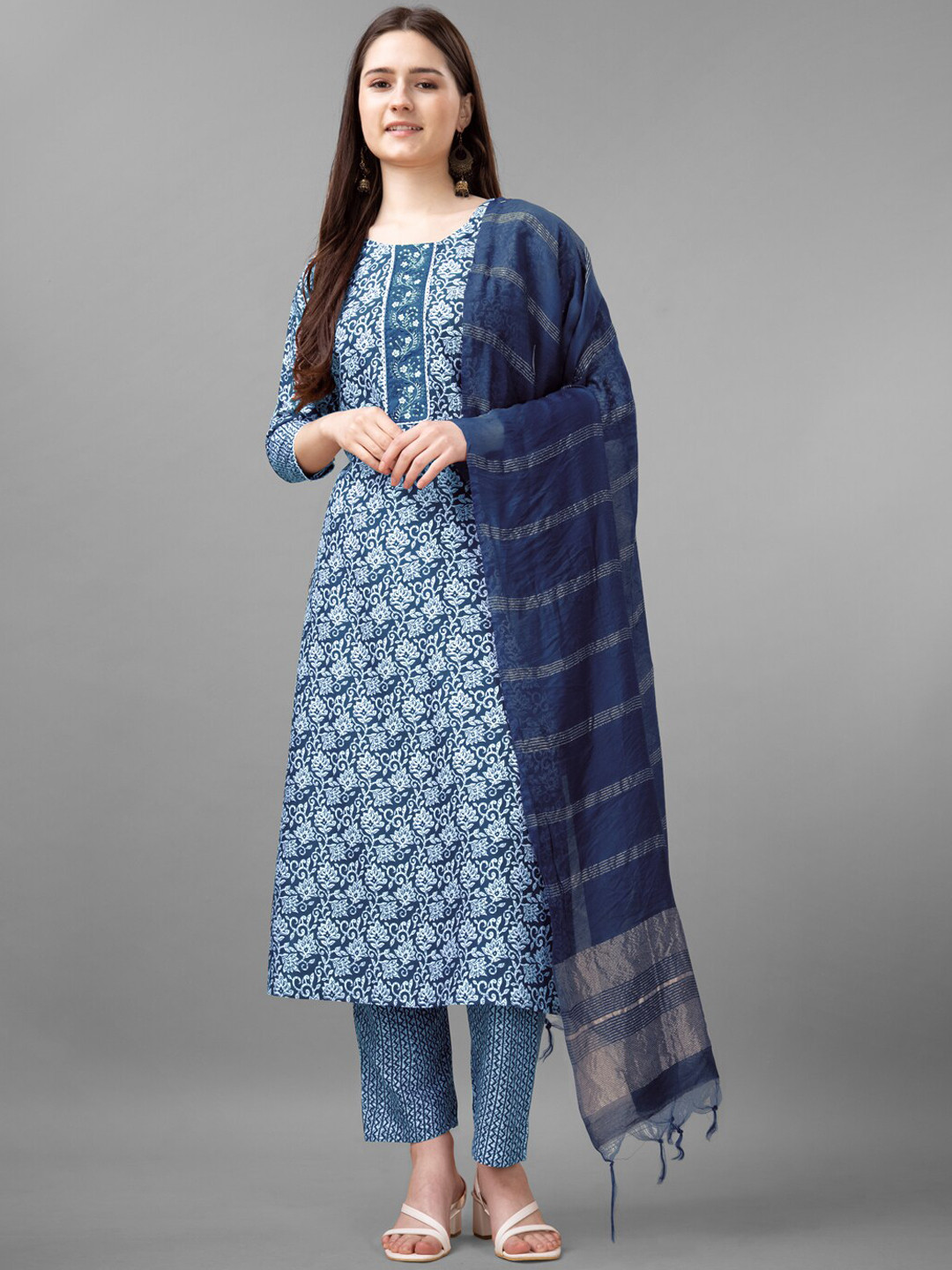 Women's Turquoise Blue Floral Printed Thread Work Kurta Set with Dupatta