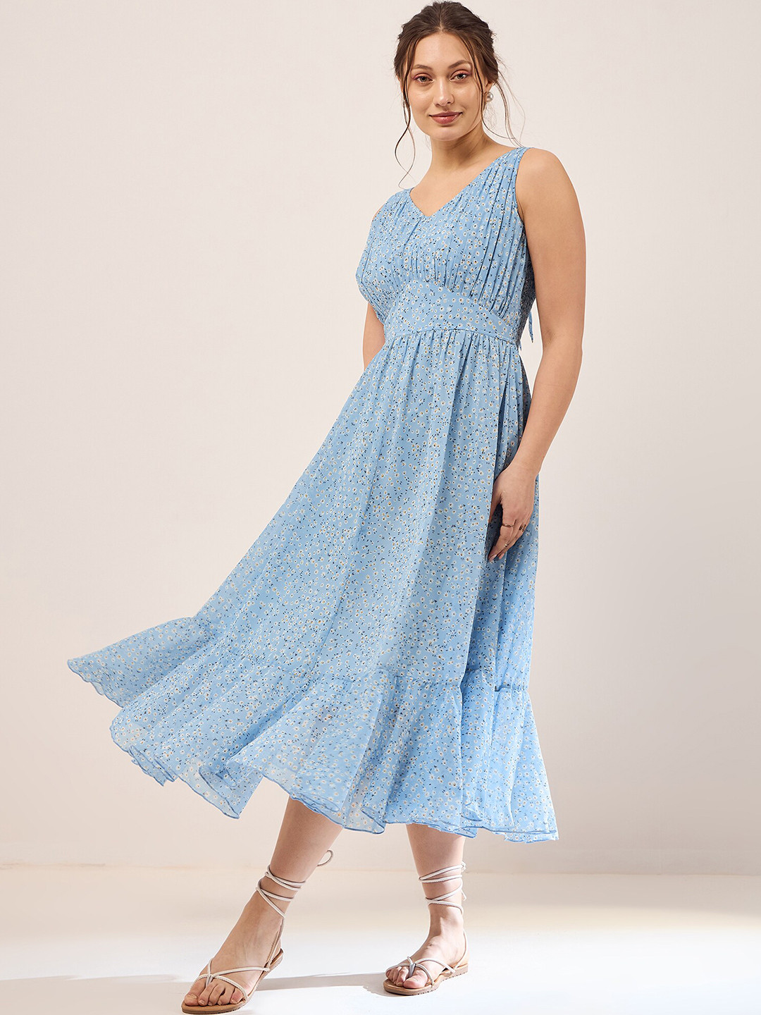 Antheaa Floral Print Bell Sleeve Chiffon Fit & Flare Midi Dress