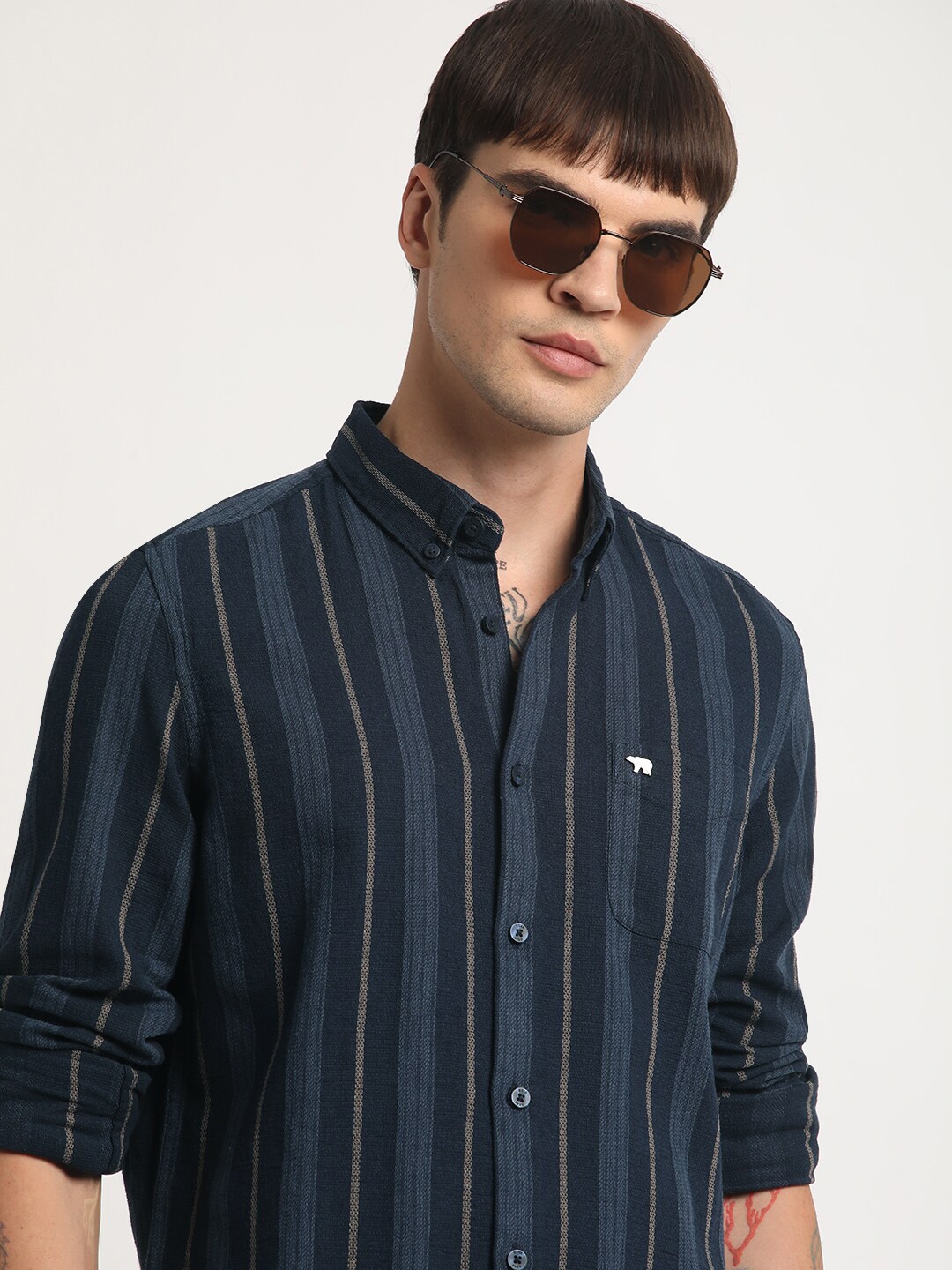 Buy THE BEAR HOUSE Vertical Striped Button Down Collar Slim Fit Cotton ...