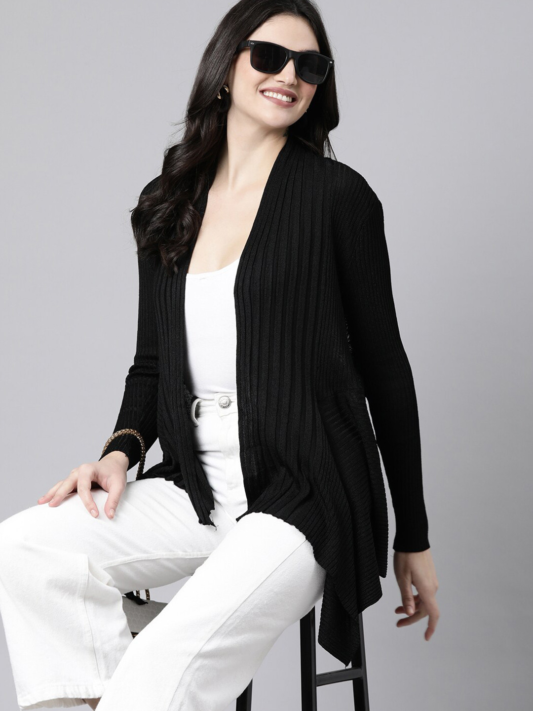 Women Off White Chevron Stripe Front Open Shrug
