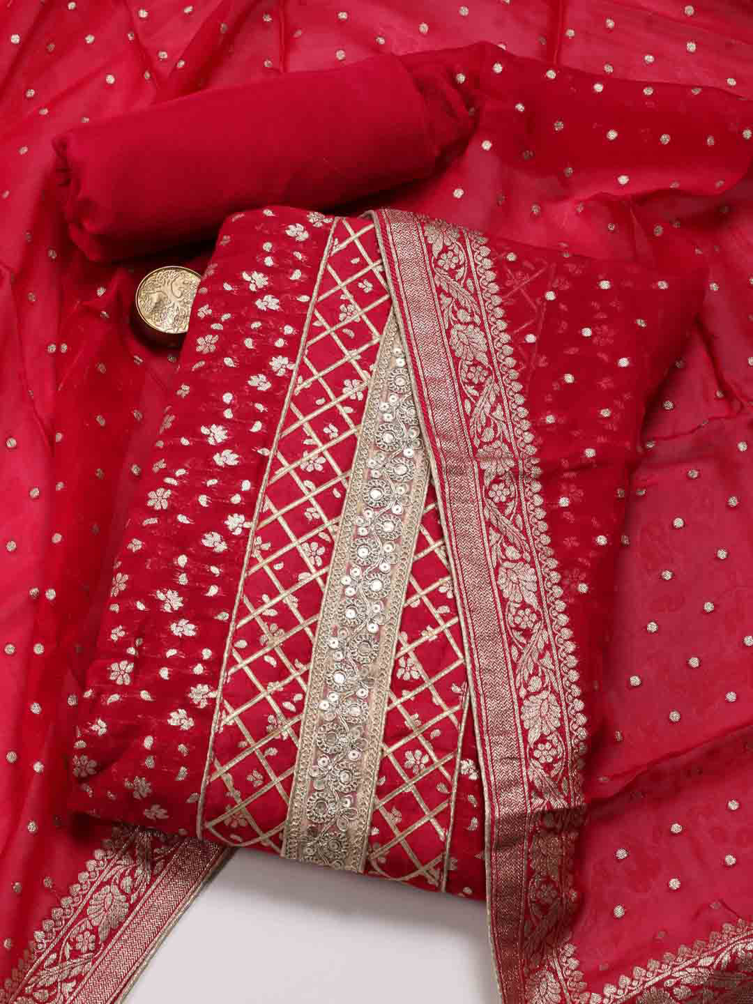 Grey - 2pc Kandangi Chettinad Unstitched Dress Material with Jewellery Set 26