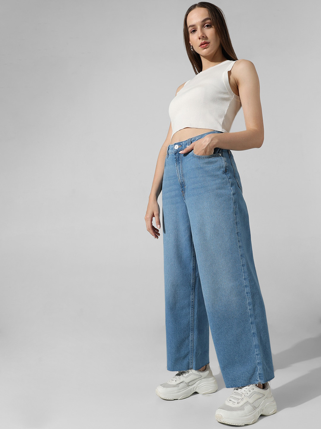 Elleven Women's Blue Pure Cotton Wide Leg High Rise Jeans