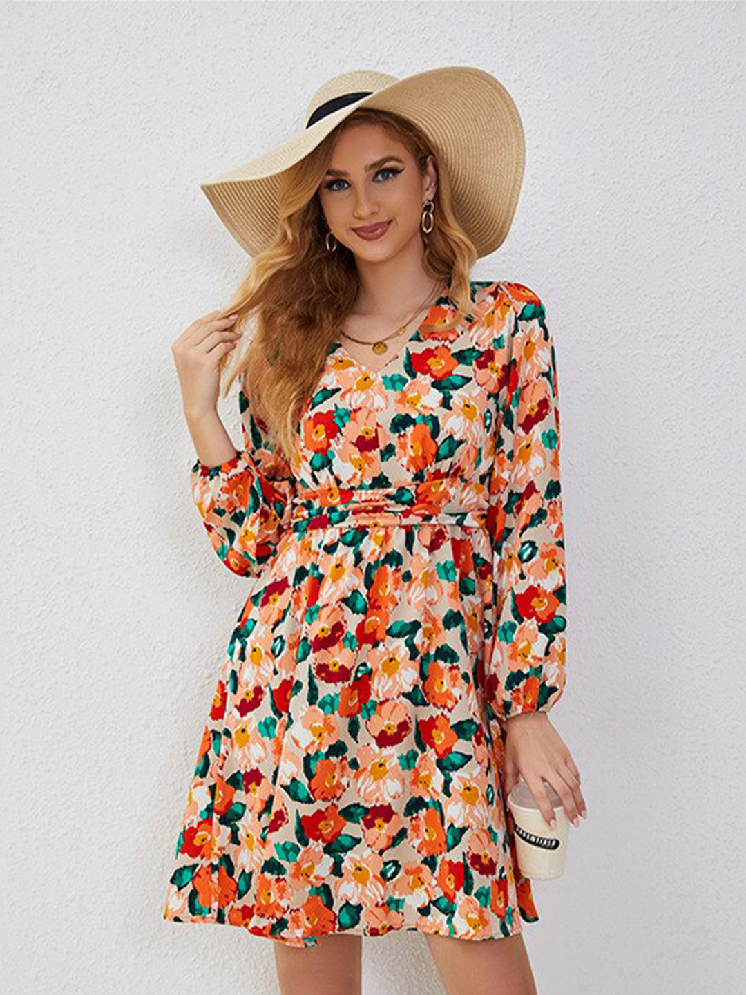 Women's Floral Peach Fit and Flare Dress