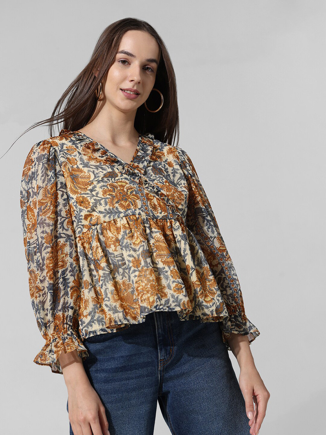 Brown Floral Print Bell Sleeve Top main image 0