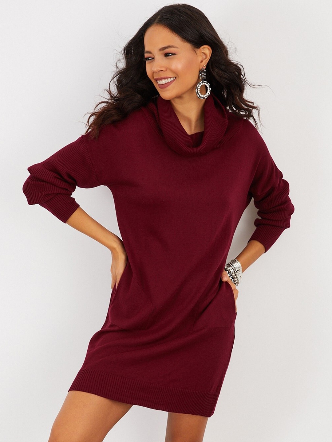 Buy Cool & Sexy Cowl Neck Long Sleeves Pure Acrylic Sheath Dress ...