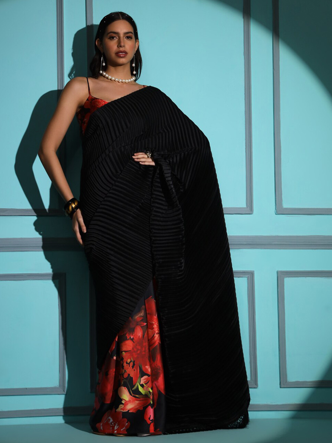 Ishin Lycra Blue Half & Half Printed Women's Saree With Mirror Work
