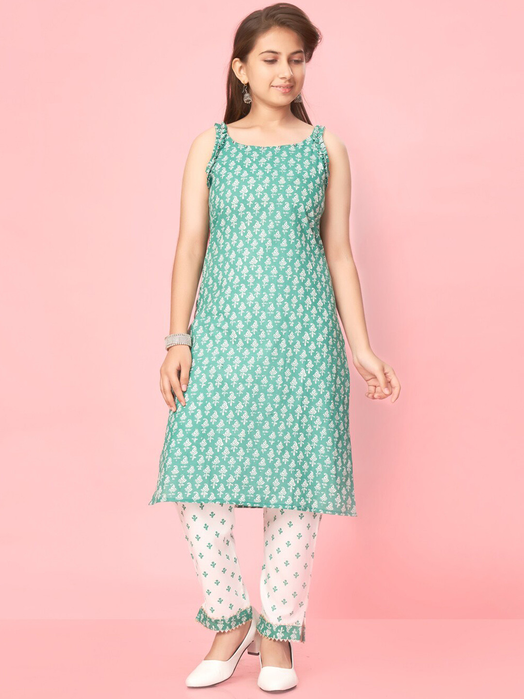 Girls Red Printed V-Neck Viscose Ethnic Kurta Set