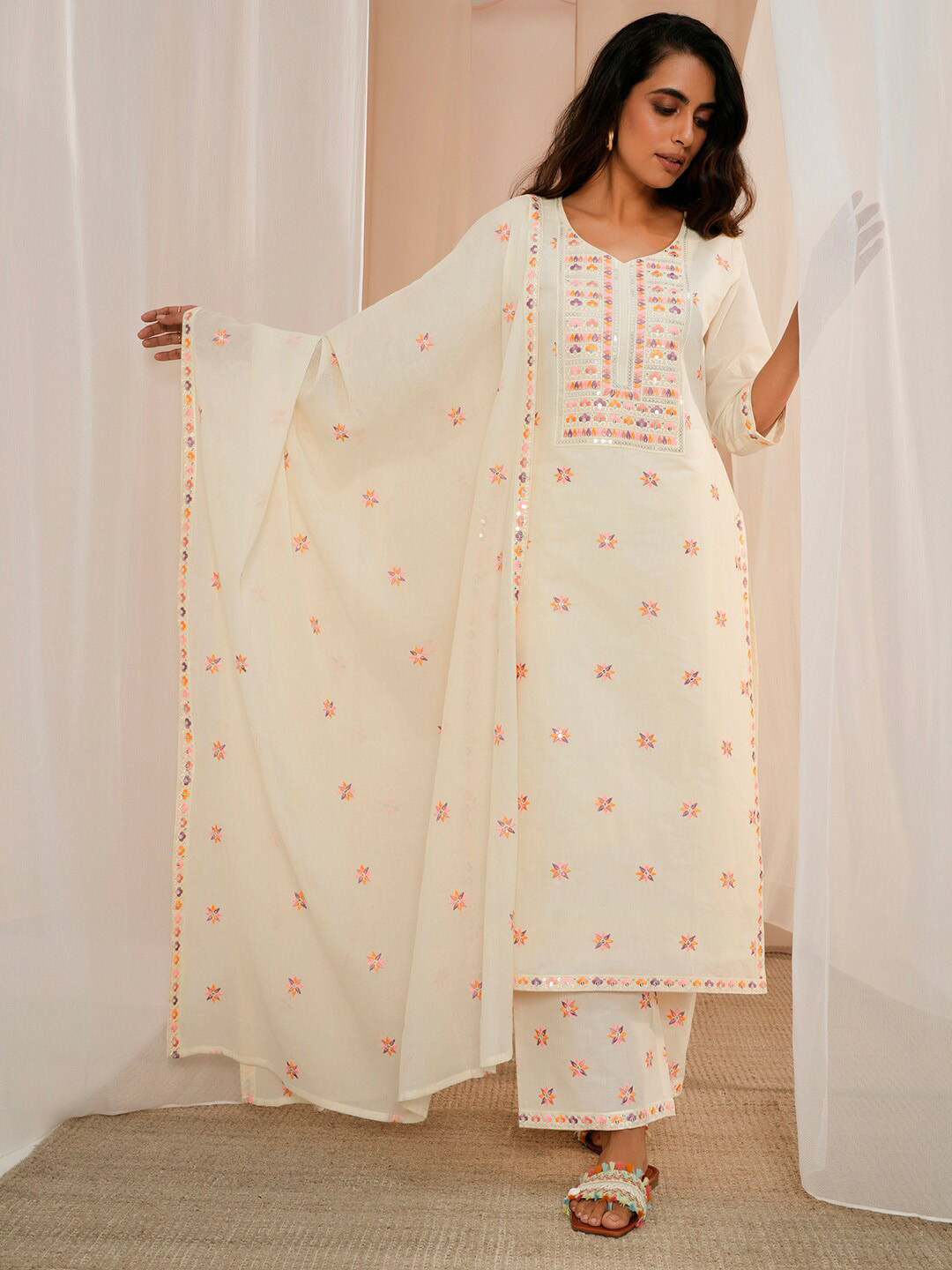 Libas Floral Embroidered Thread Work Kurta With Trousers & Dupatta