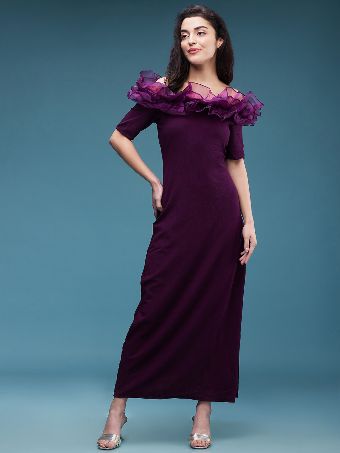 Tristane Purple Off Shoulder Ruffled Maxi Dress