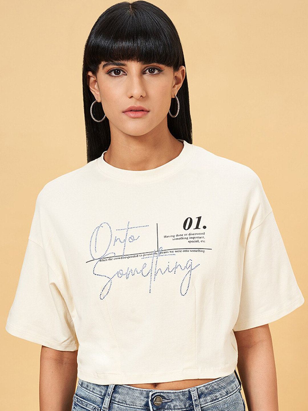 Women's Yellow Typography Printed Cotton Crop Top With waist Tie-Ups main image 1