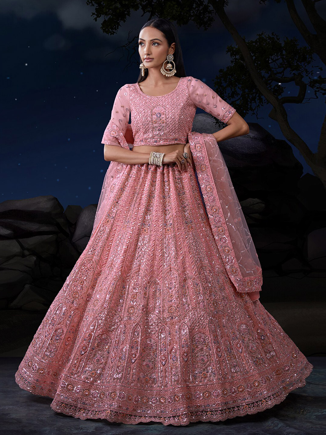 Red Solid SemiStitched Lehenga with Sequinned Blouse and Net Dupatta main image 1