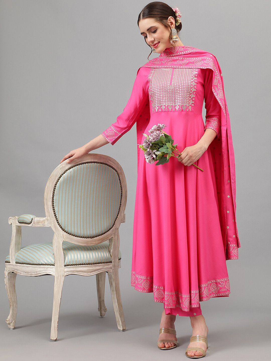 Ethnic Motifs Embroidered Sequined Kurta with Palazzos & Dupatta