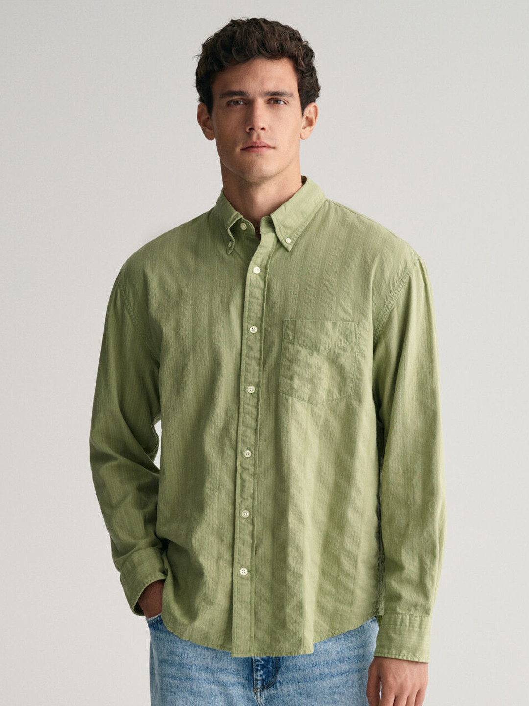Gant Men Yellow Striped Button-down Collar Full Sleeves Shirt