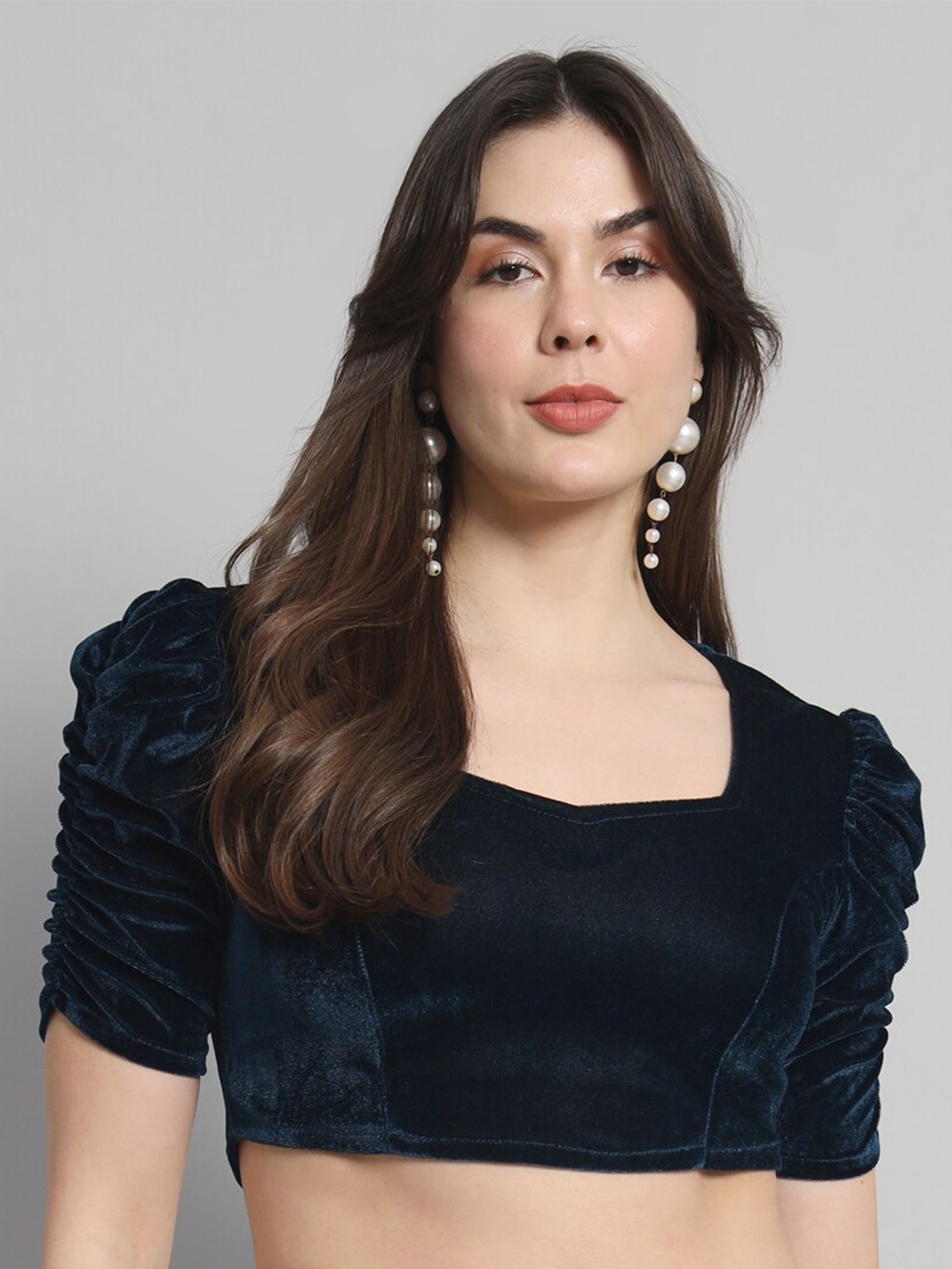 Buy VAARARO Puff Sleeves Sweetheart Neck Velvet Blouson Crop Top - Tops ...