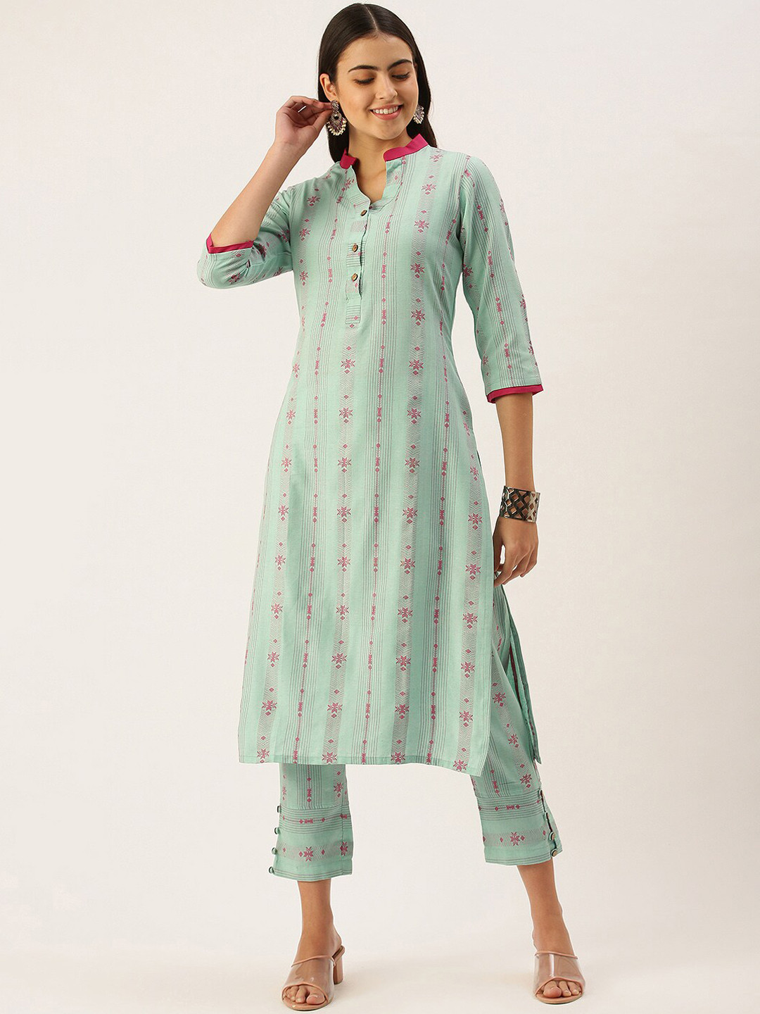 Turquoise Blue 3/4 Sleeve Front Open Cotton Slub A-Line Kurta main image 1