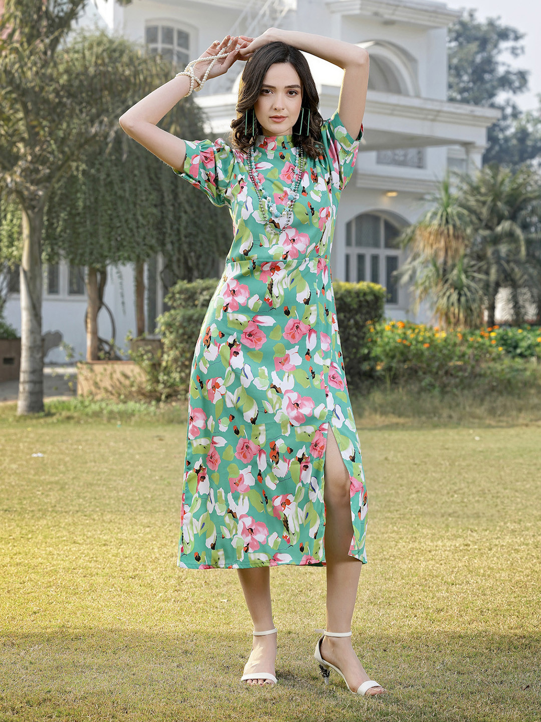 Indah Vibrant Floral Puff-Sleeve Midi Dress – Green & Black Print